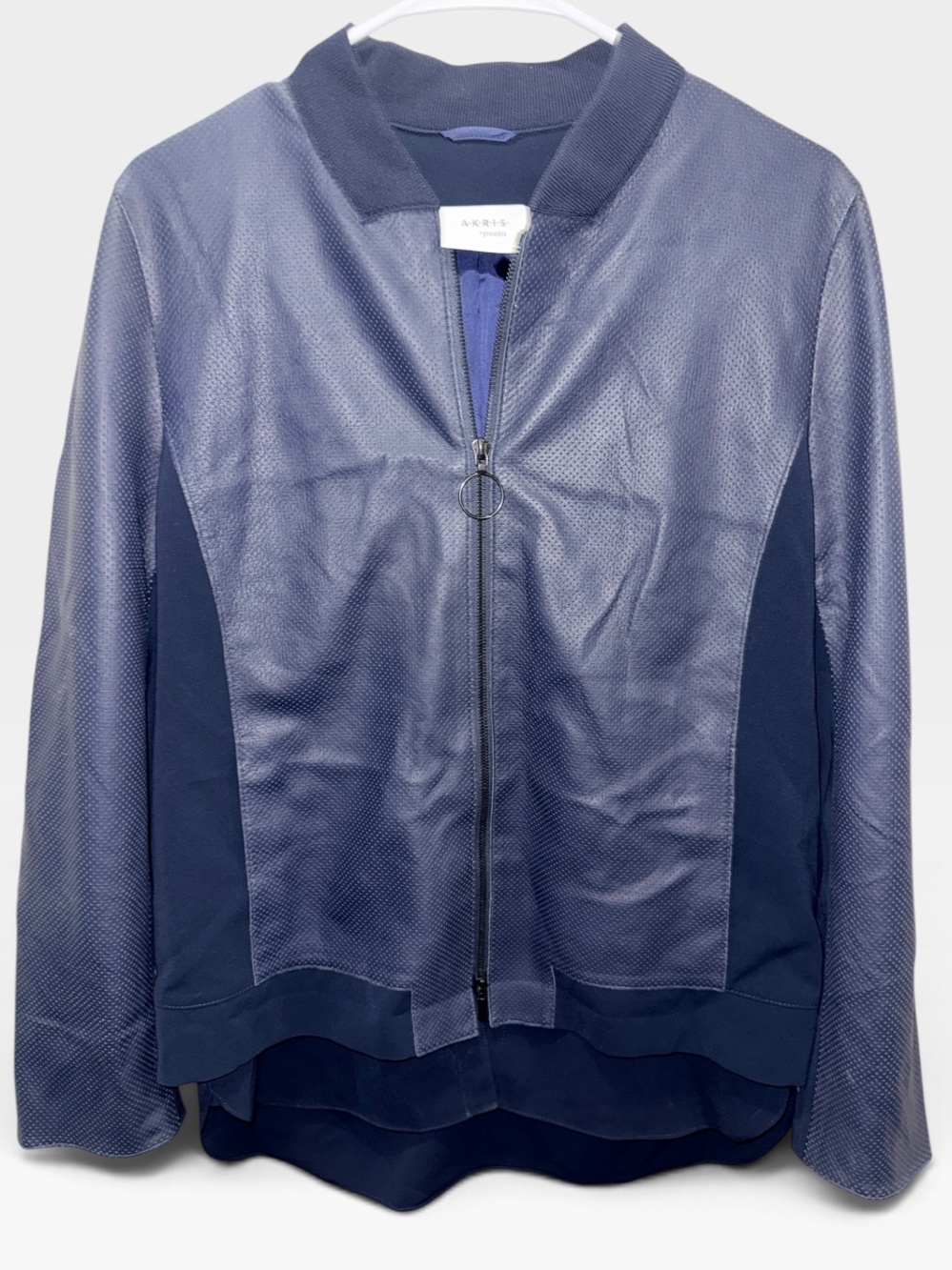 Akris Punto Women's Navy Perforated Leather Bomber Jacket Size 8